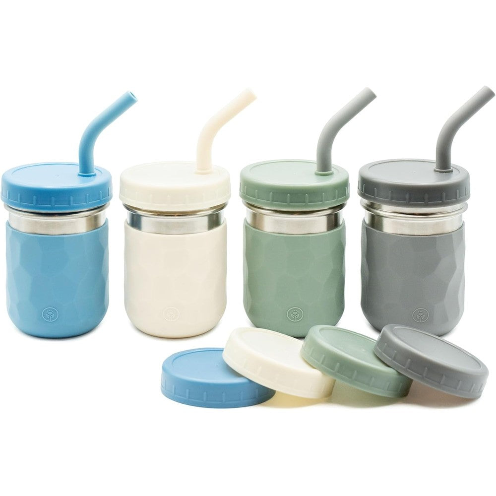 WeeSprout 2-in-1 drinking cups for kids front view showing four stainless steel tumblers with colorful sleeves