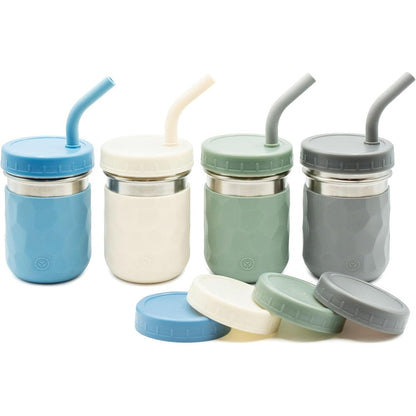WeeSprout 2-in-1 drinking cups for kids front view showing four stainless steel tumblers with colorful sleeves