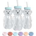 The 730 Project Honey Bear Straw Cup front view of three blue squeezable baby training bottles