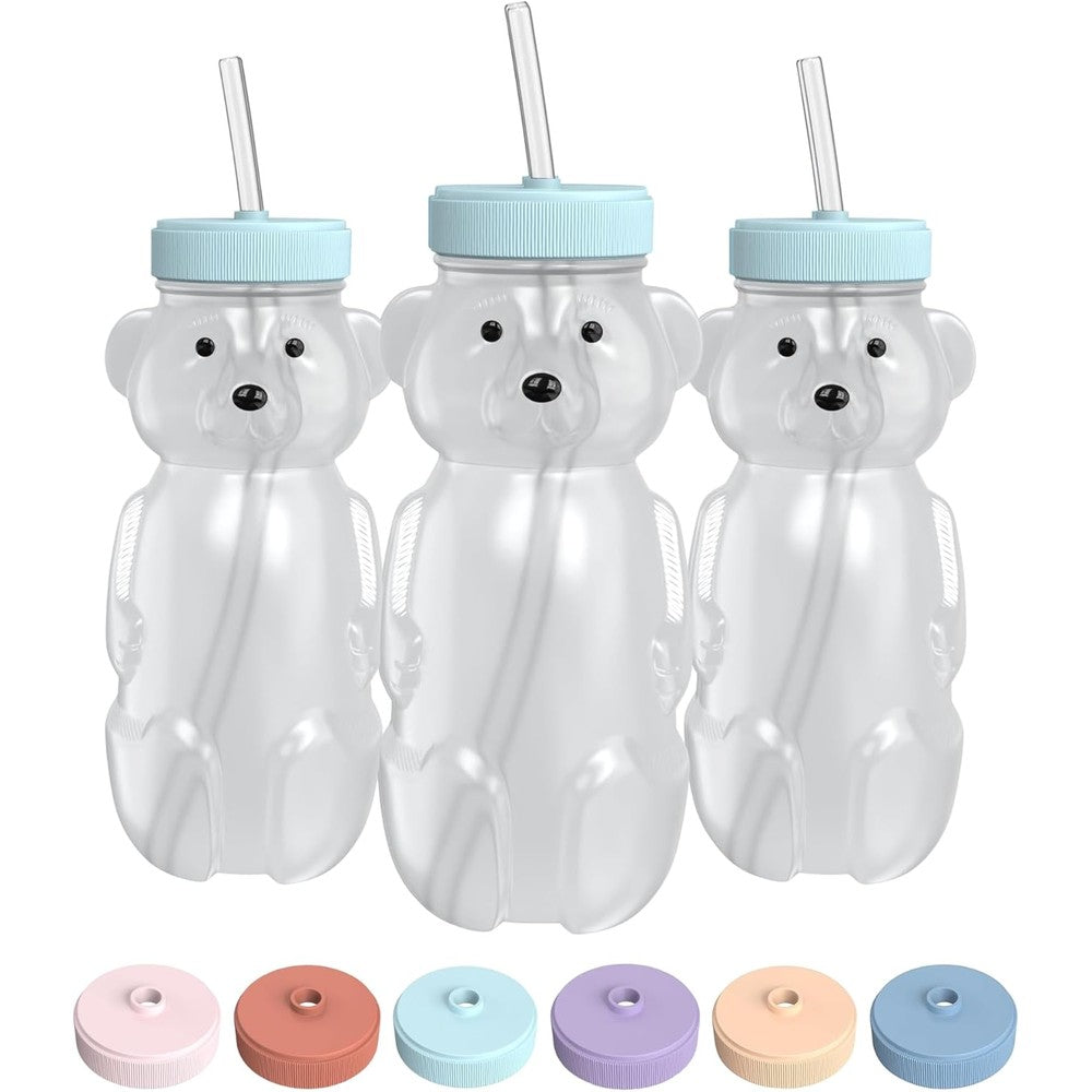 The 730 Project Honey Bear Straw Cup front view of three blue squeezable baby training bottles