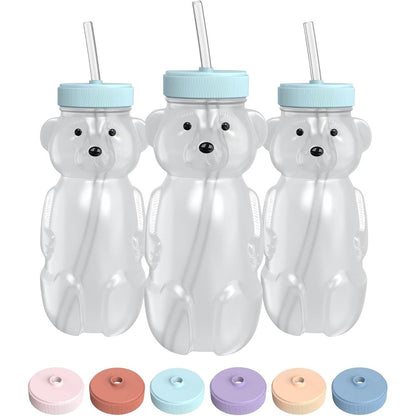 The 730 Project Honey Bear Straw Cup front view of three blue squeezable baby training bottles