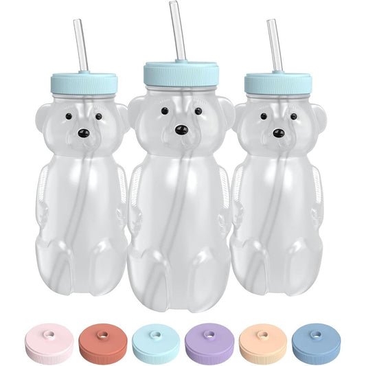 The 730 Project Honey Bear Straw Cup front view of three blue squeezable baby training bottles