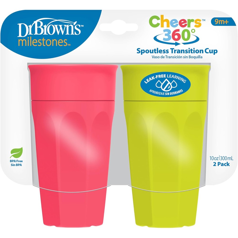 Dr. Brown's Milestones Cheers 360 Spoutless Transition Cup front view showing pink and green toddler training cups.