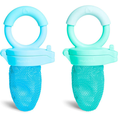 Munchkin baby feeder for fresh food and fruit blue and mint front view secure baby food nibbler