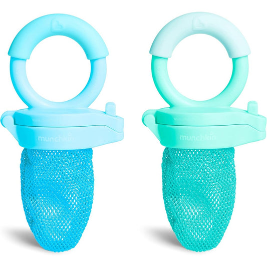 Munchkin baby feeder for fresh food and fruit blue and mint front view secure baby food nibbler