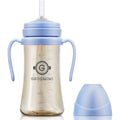 Grosmimi Magic Straw Cup front view showing sky blue lid and handle on premium clear brown tinted body