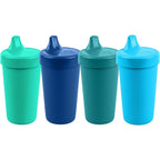 Re-Play spill proof sippy cups front view showing four textured blue shades with screw top lids.