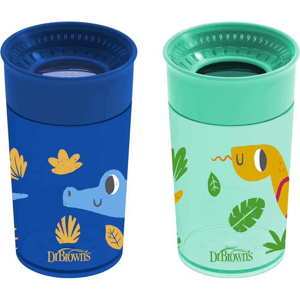 Dr. Brown's Milestones Cheers 360 Spoutless Transition Cup front view showing blue and green animal prints