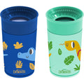 Dr. Brown's Milestones Cheers 360 Spoutless Transition Cup front view showing blue and green animal prints