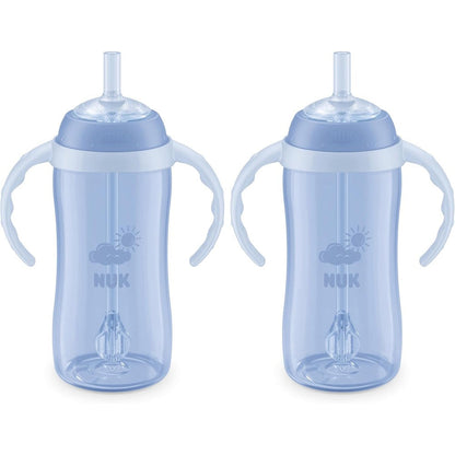 NUK Learner Straw Cup 10 Ounce front view showing blue toddler cup with handles