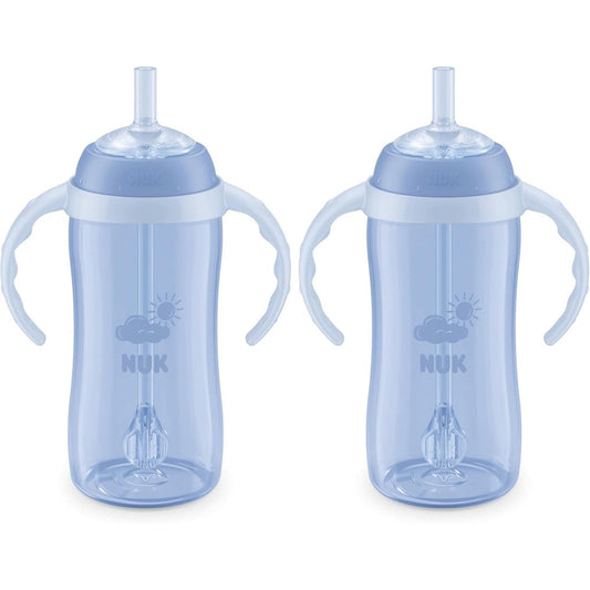 NUK Learner Straw Cup 10 Ounce front view showing blue toddler cup with handles