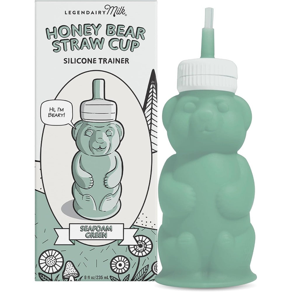 Legendairy Milk Honey Bear Silicone Straw Cup front view showing seafoam green color