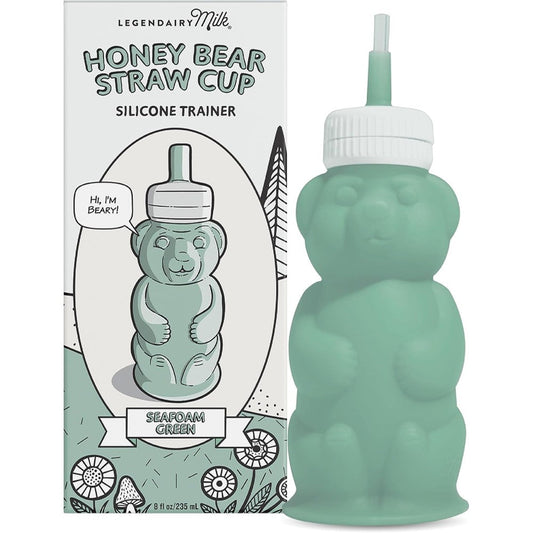 Legendairy Milk Honey Bear Silicone Straw Cup front view showing seafoam green color