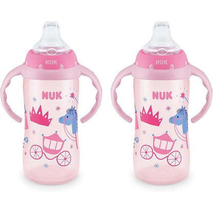 NUK Learner Sippy Cup 2 Pack front view showcasing princess graphics and easy-grip pink handles.