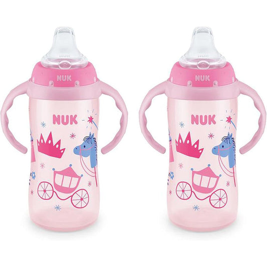 NUK Learner Sippy Cup 2 Pack front view showcasing princess graphics and easy-grip pink handles.