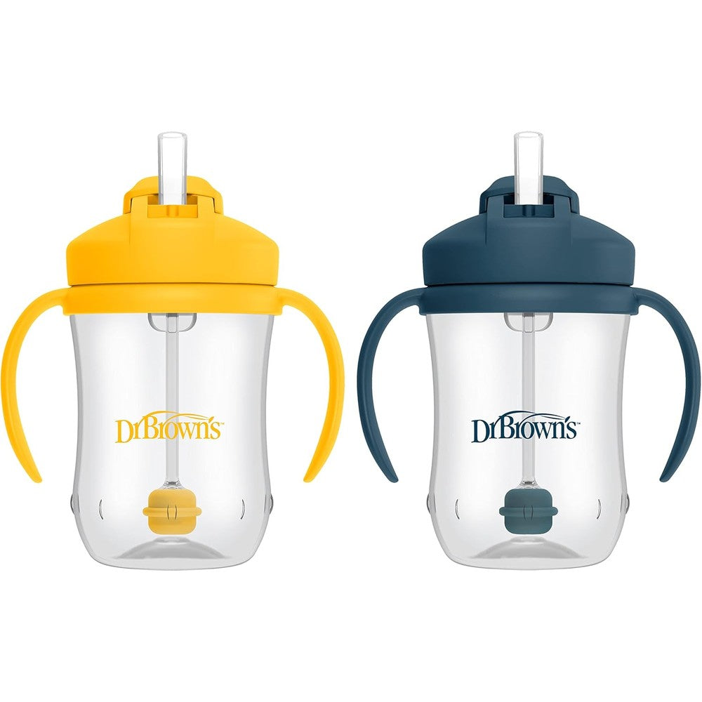 Dr. Brown's Milestones Baby's First Straw Cup front view showing dark blue and vintage yellow colors.
