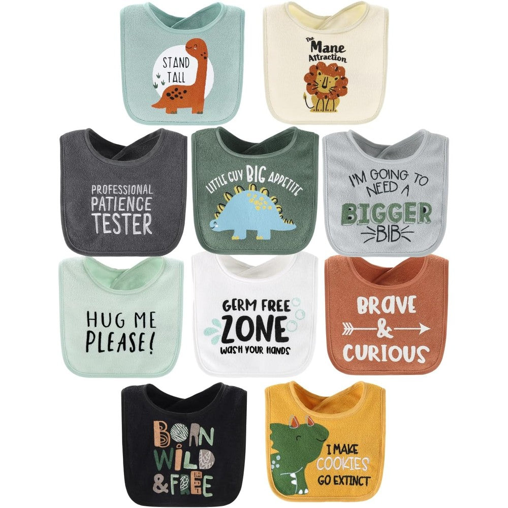 The Peanutshell dinosaur terry bib set of 10 front view