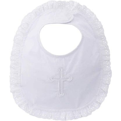 Estamico baby girls embroidered cross baptism bib front view