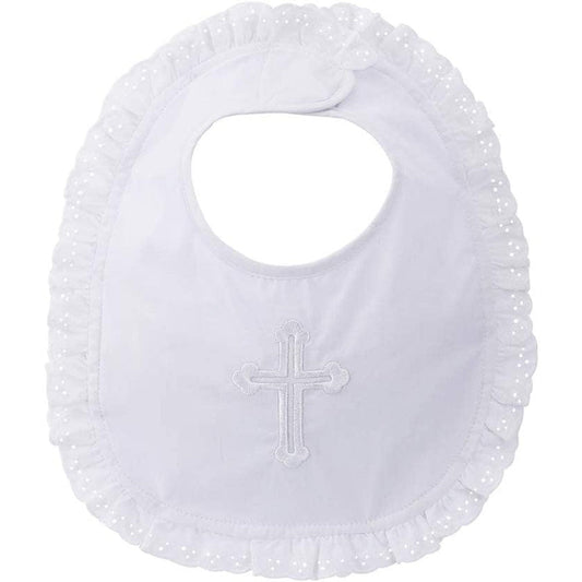 Estamico baby girls embroidered cross baptism bib front view