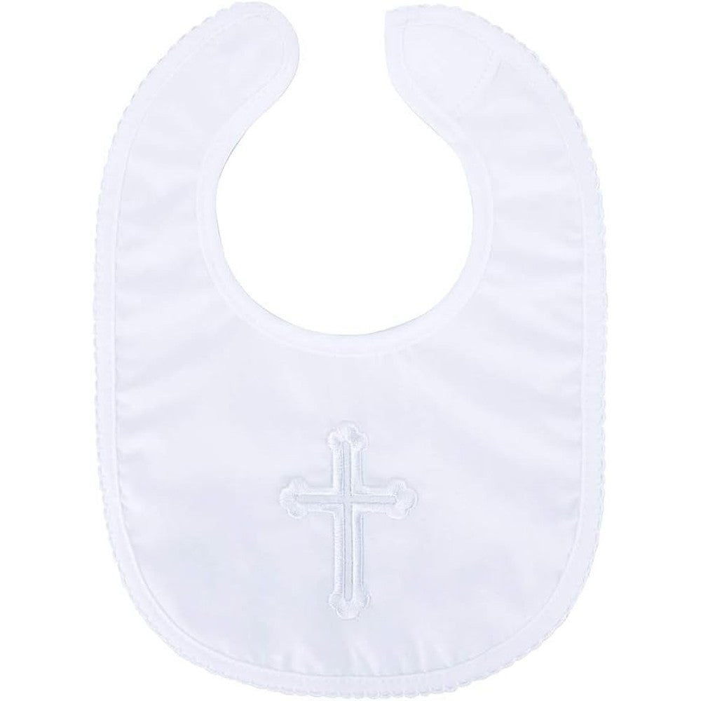 Kesici Baptism bib for baby boy and girl front view with embroidered cross