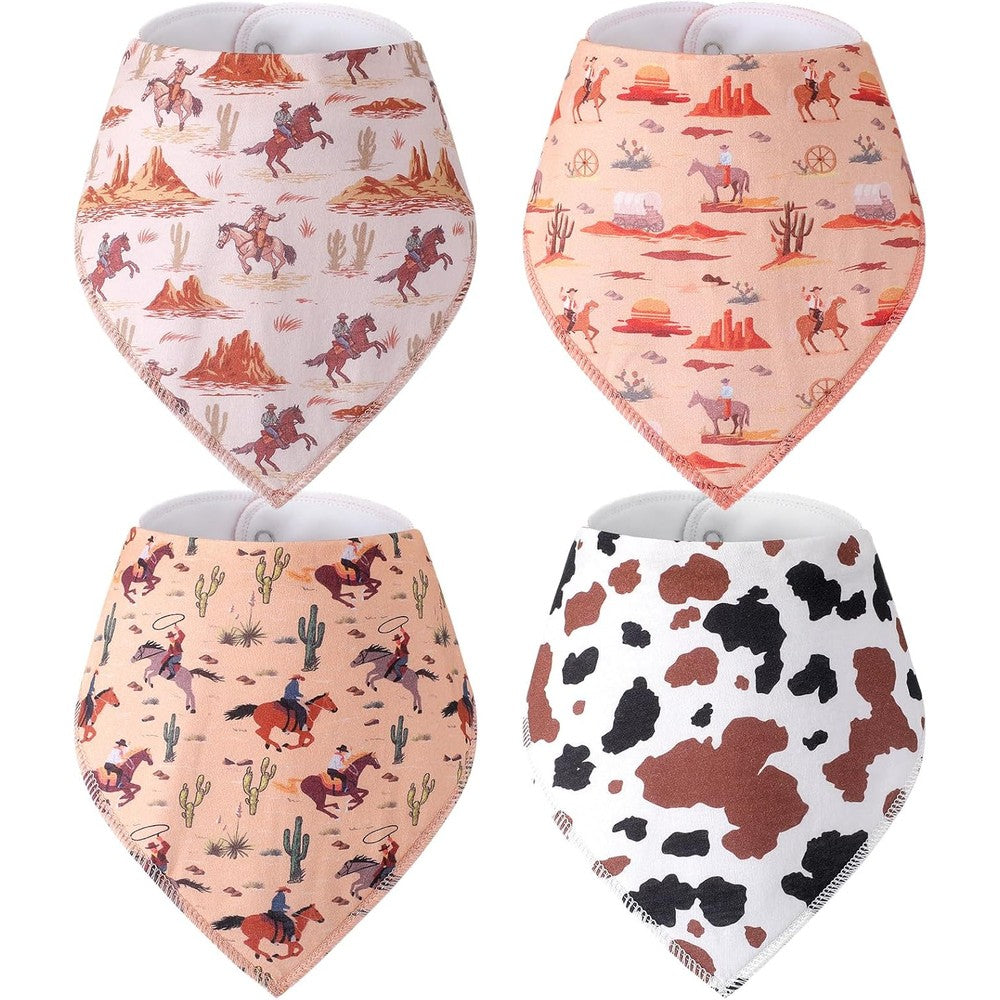 VitalCozy 4 pieces Western cowboy baby bandana bib set front view