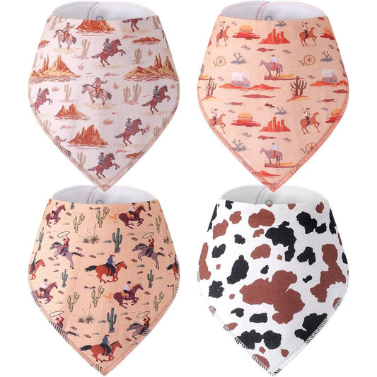 VitalCozy 4 pieces Western cowboy baby bandana bib set front view