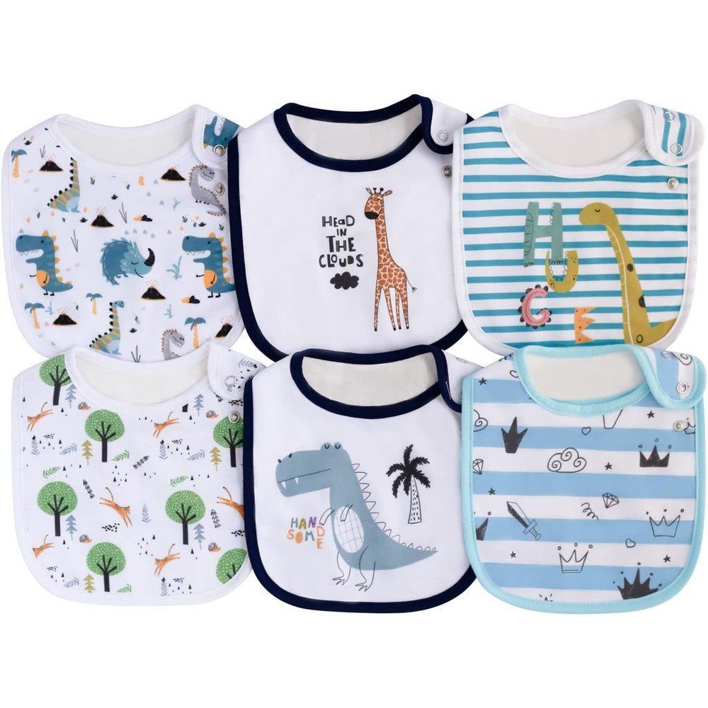 Maiwa 6 Pack Waterproof Cotton Baby Bibs front view with cartoon prints.