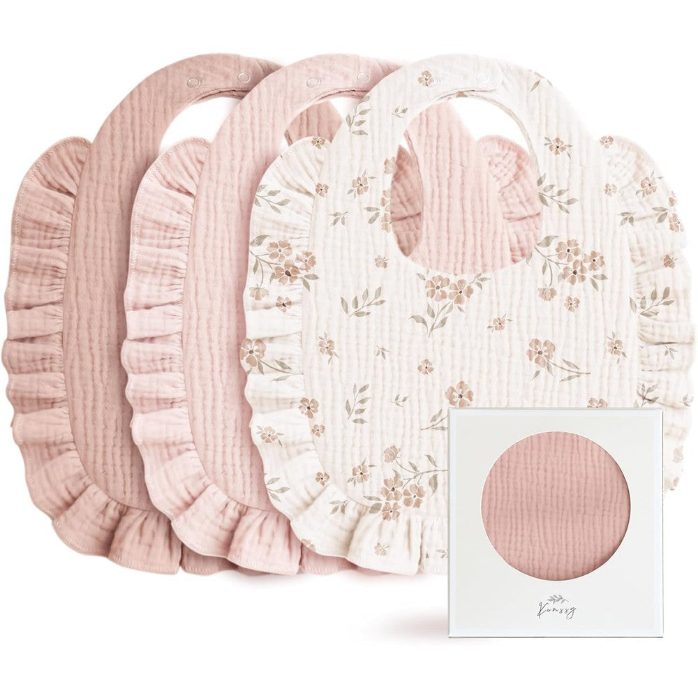 Konssy muslin baby bibs for girls with pink floral pattern and ruffle trim