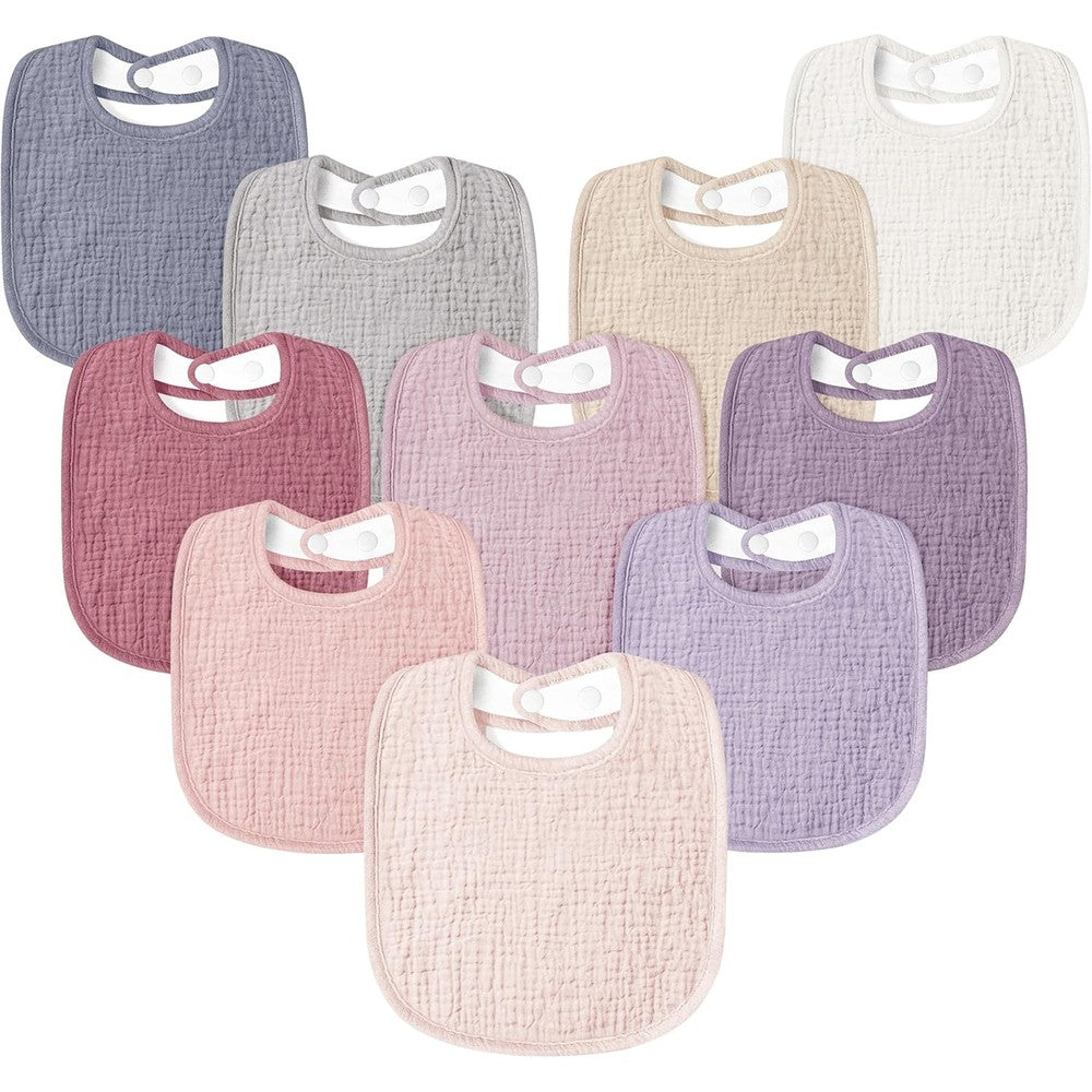 Susurration 10 Pack muslin baby drool bibs front view