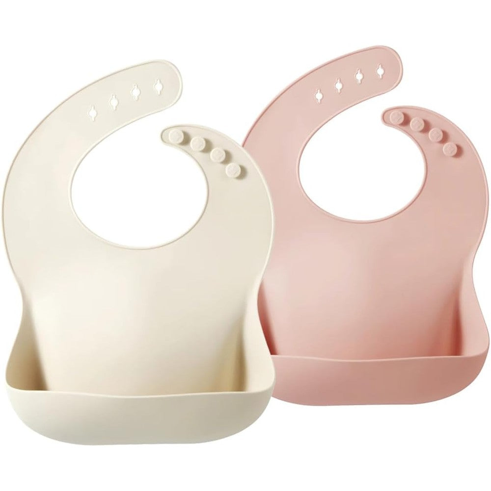 PandaEar silicone baby bibs front view in pink tawny color with wide open food catcher pocket.