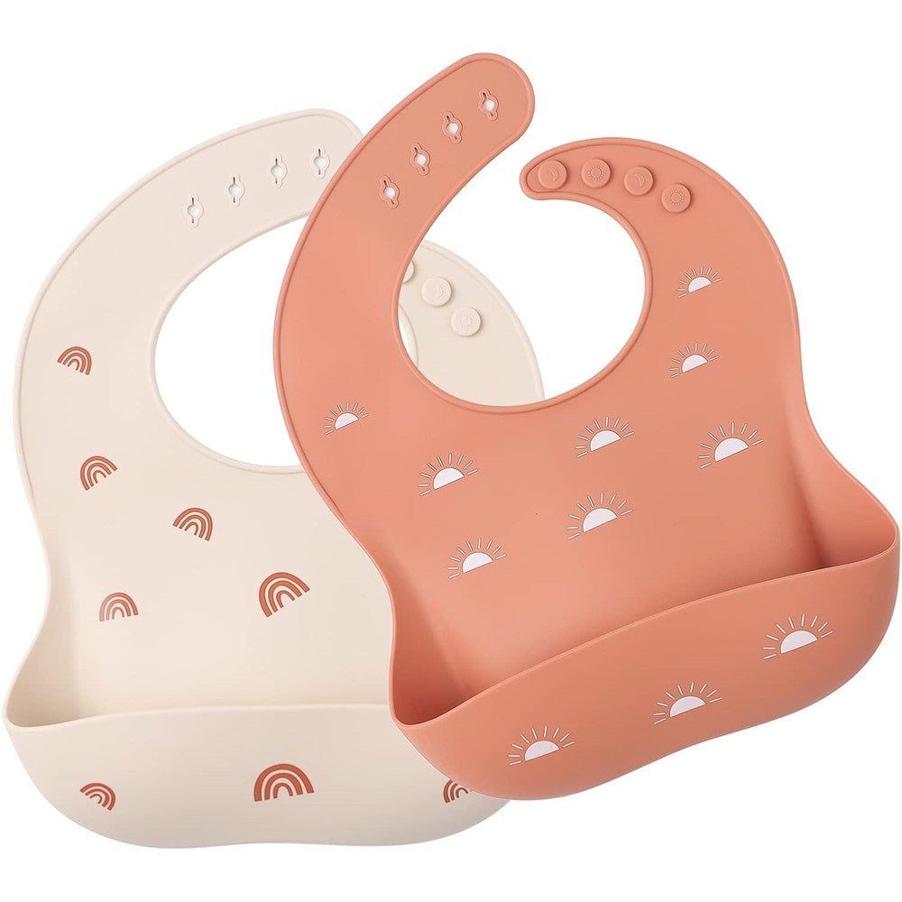 ROCCED Baby Silicone Bibs 2 Pack front view in shifting sand and pale mauve