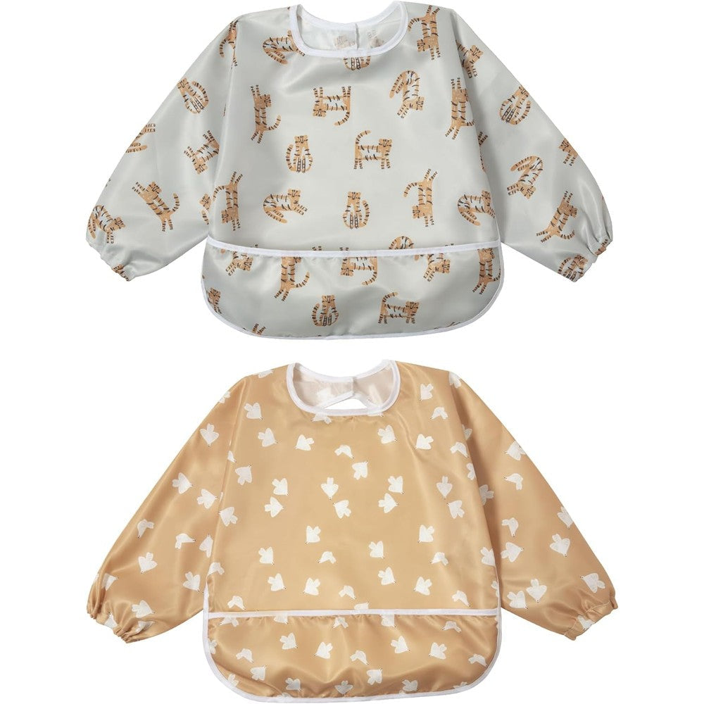 Little Dimsum Baby Bib Pack front view showing the waterproof long sleeve design and flip-out food catcher pocket.