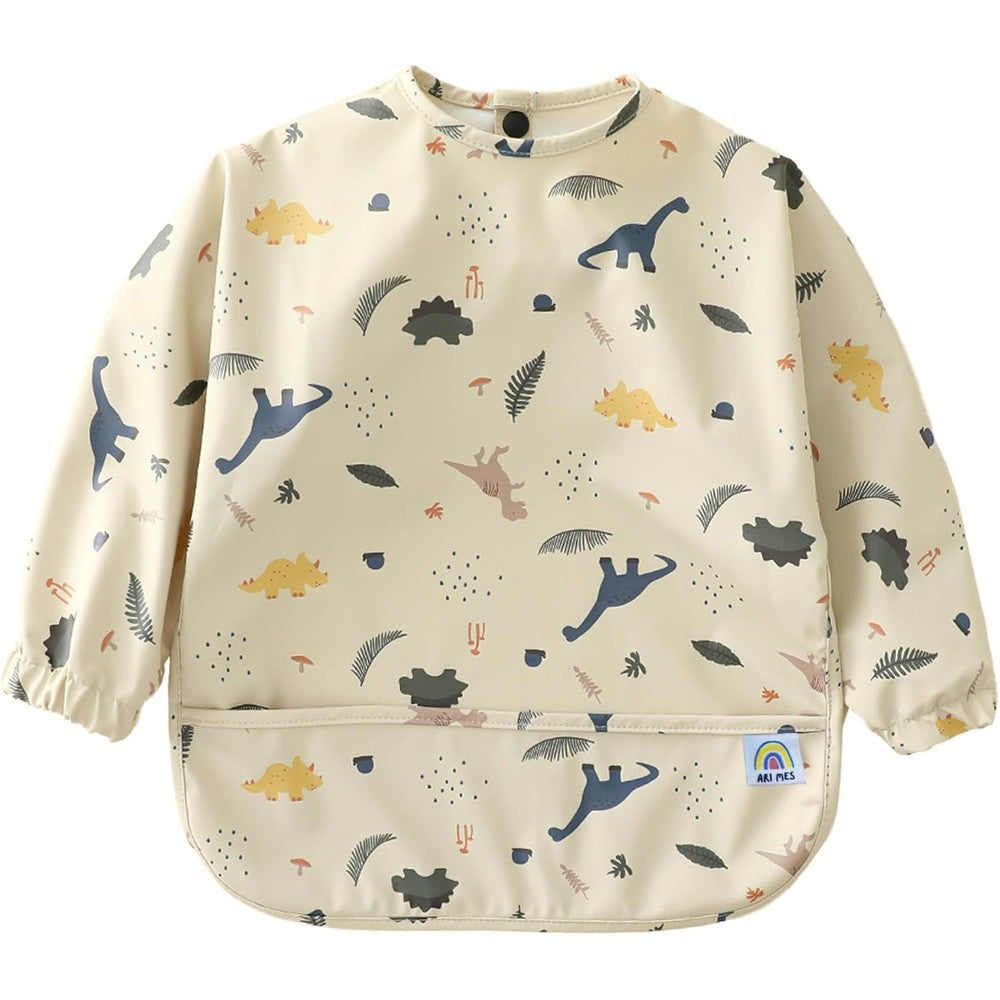 ARI MES long sleeve waterproof baby bib in dinosaur pattern front view for toddler feeding