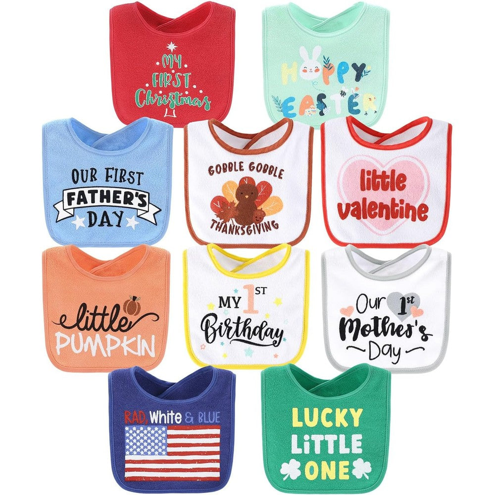 The Peanutshell baby holiday terry bibs 10 pack front view showcasing soft cotton texture