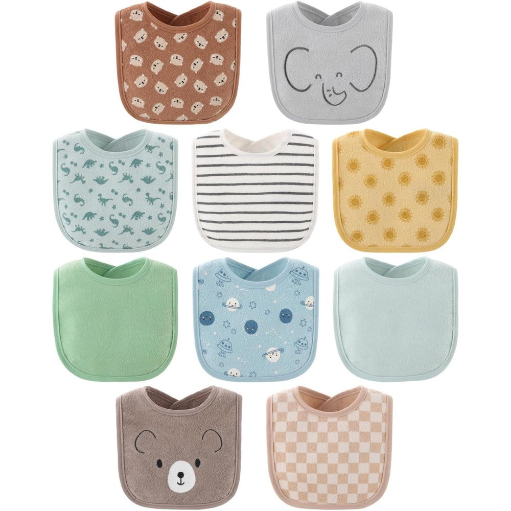 The Peanutshell baby terry bibs soft neutral ten pack front view displaying assorted animal prints and sayings