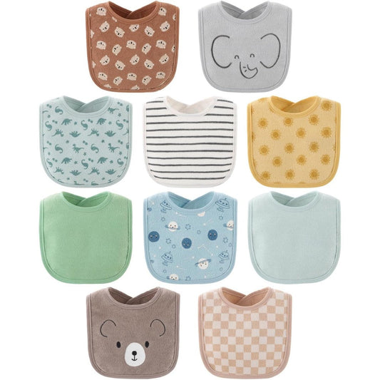 The Peanutshell baby terry bibs soft neutral ten pack front view displaying assorted animal prints and sayings