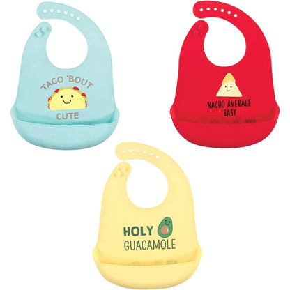 Hudson Baby unisex baby silicone waterproof feeding bib featuring yellow taco theme graphic front view