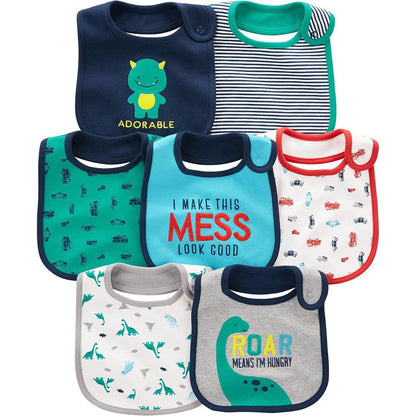 Simple Joys by Carter's baby boy 7-pack teething bibs spread out showing various blue patterns