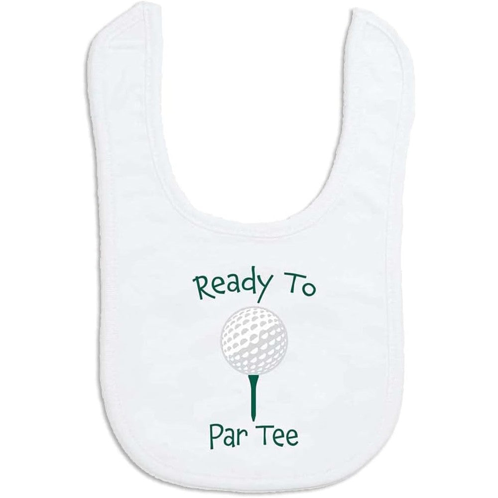ChalkTalkSPORTS golf baby bib front view showing white microfiber fabric with Ready To Par Tee text