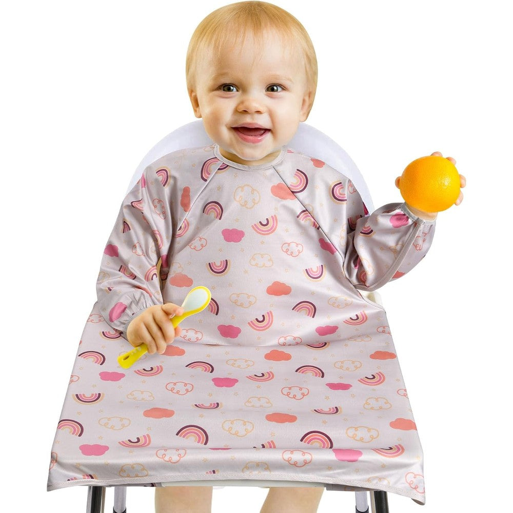 Vicloon coverall baby feeding bib front view in pink showing long sleeves and full highchair coverage attachment design