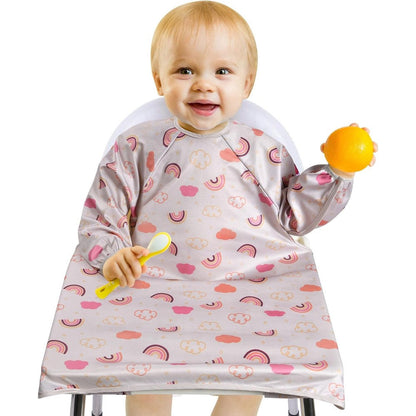 Vicloon coverall baby feeding bib front view in pink showing long sleeves and full highchair coverage attachment design