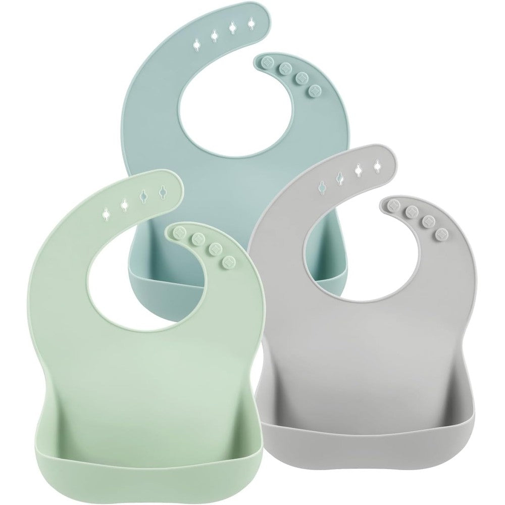 PandaEar 3 Pack Silicone Baby Bibs front view showing lake green blue and grey colors for infant feeding