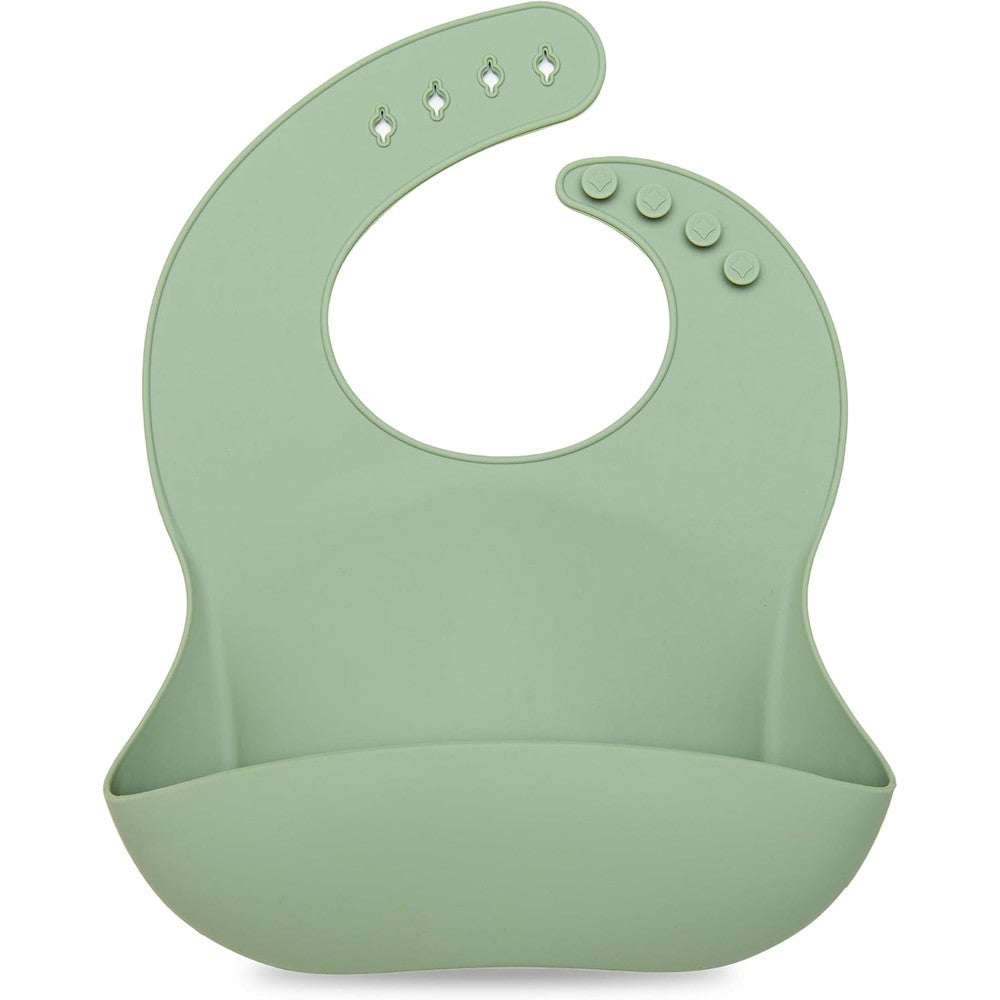 Loulou Lollipop Soft Waterproof Silicone Feeding Bib front view in silver sage color showing wide food catcher pouch