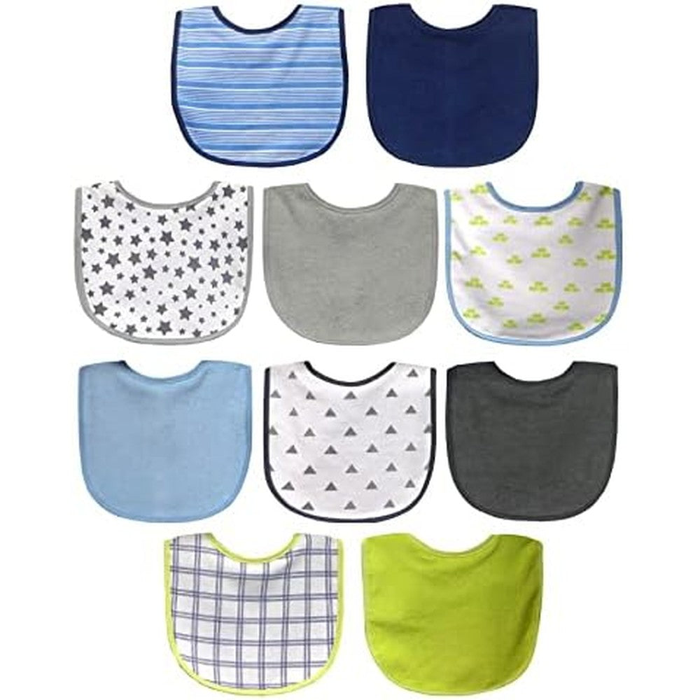 Neat Solutions water resistant bib set front view showing ten pack blue and grey assorted designs