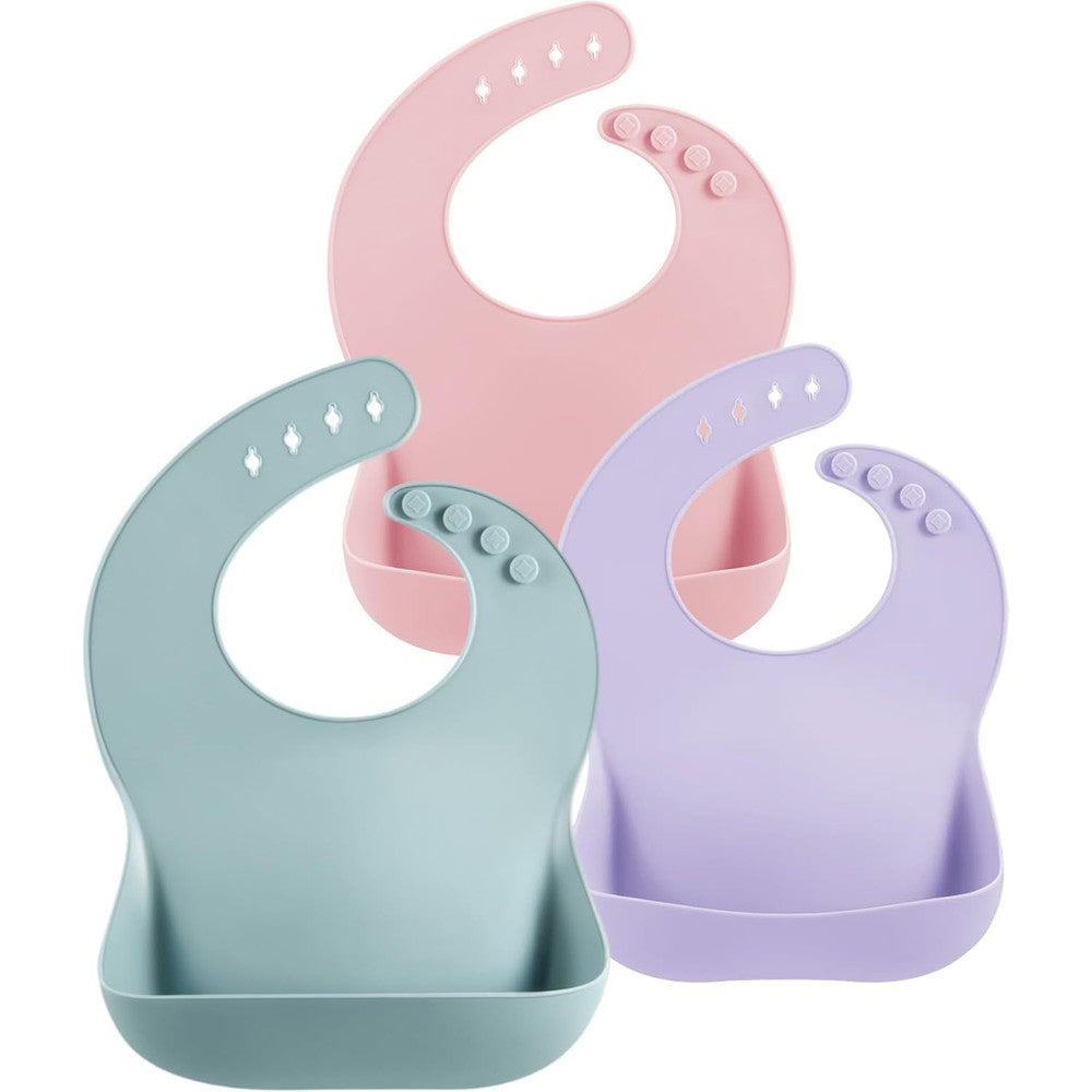 PandaEar 3 Pack Silicone Bibs front view showing blue pink and purple feeding bibs for toddlers