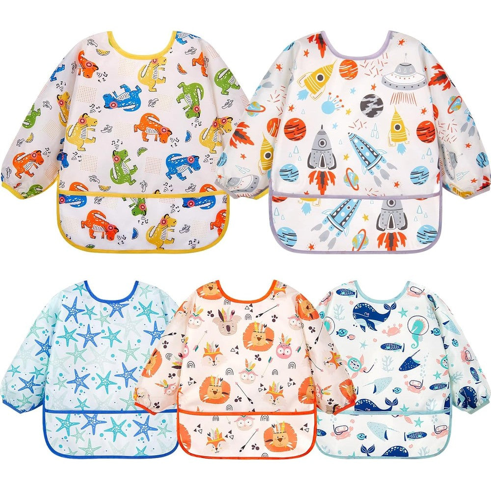 Lictin long sleeve baby bibs five pack front view of waterproof toddler feeding smocks