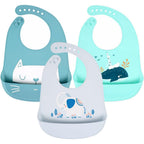 YINGJEE Baby Silicone Feeding Bibs Three Pack front view showing the adjustable neck strap and wide crumb catcher pocket.