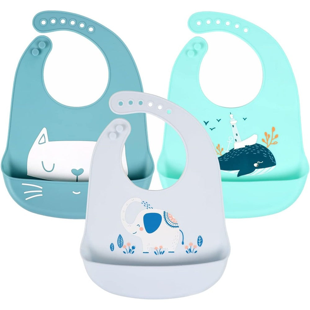 YINGJEE Baby Silicone Feeding Bibs Three Pack front view showing the adjustable neck strap and wide crumb catcher pocket.