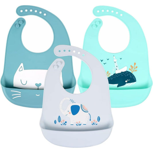 YINGJEE Baby Silicone Feeding Bibs Three Pack front view showing the adjustable neck strap and wide crumb catcher pocket.