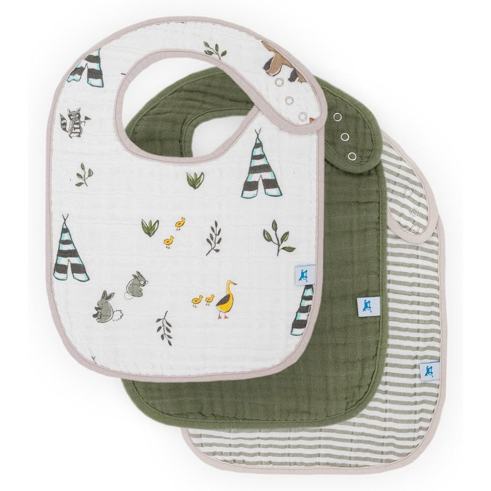 Little Unicorn cotton muslin classic bib three pack forest friends print front view